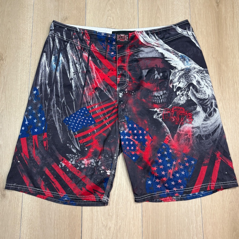 MMA Elite Y2K Men Board Shorts American Flag Eagle Skull Graphic Black Red Large